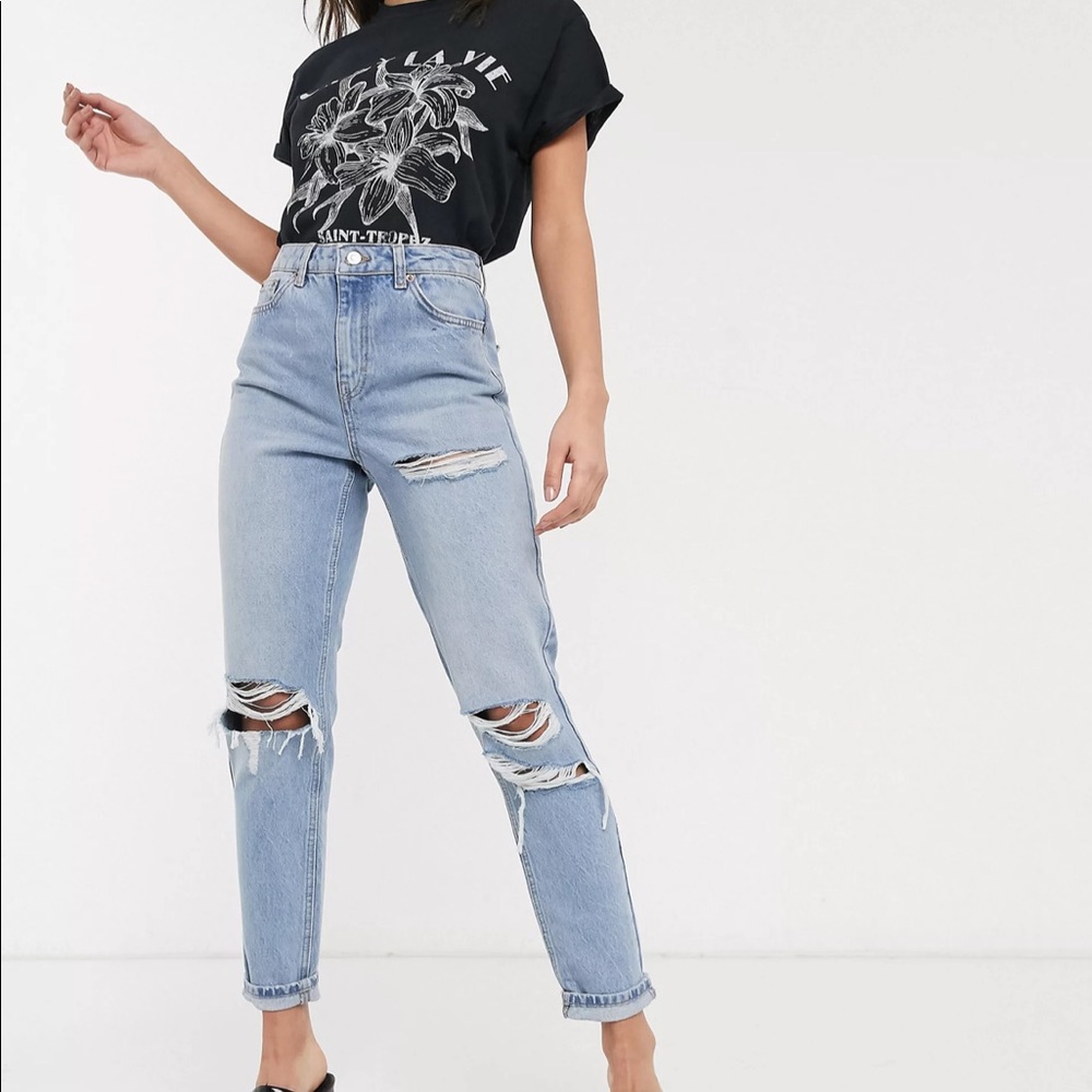 Top shop mom jeans distressed bleach high Rise
